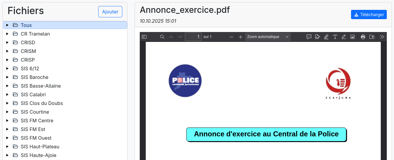 Vue de la section fichiers avec l'arborescence et la prévisualisation